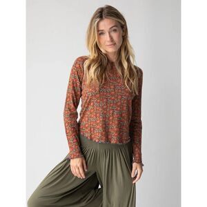 377. Natural Life Bohemian Hippie Floral Patterned Long Sleeve Lettuce Hem Top